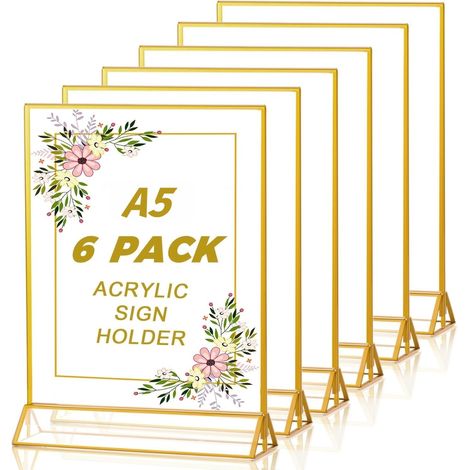 6 Pièces Porte-Affiche en Acrylique Transparent avec Bordure Dorée, 15CM x 21CM Porte-Menus de Table Double Face Cadres Photo avec Support Vertical pour Mariage Table Numéros Panneaux