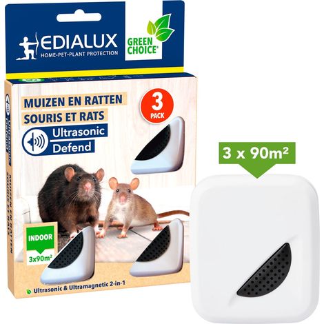 Edialux Ultraschall Mäuse und Rattenvertreiber Set aus 3 für Innenräume, Steckdosen Gerät gegen Nager, haustiersicher und chemiefrei, jedes Gerät deckt bis zu 90 m2 ab