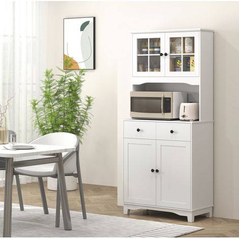 Armario de cocina alto (74.5x40x172 cm), con 2 armarios, 2 cajones, baldas regulables, tablero para microondas, panel de partículas, blanco (1/5)