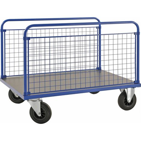 Kongamek Plattformwagen in blau 1000x700x900mm mit MDF-Platte und 2 stirnseitigen Gitterwänden mit Gummibereifung ohne Bremse