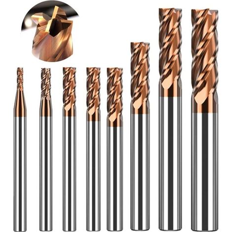 VHM - Set of 8 Shank End Mills - Tungsten Carbide - 4 Flutes - Metal Groove End Mills - With AlTiN coating 55 HRC - Diameter 2 to 12 mm (1/5)