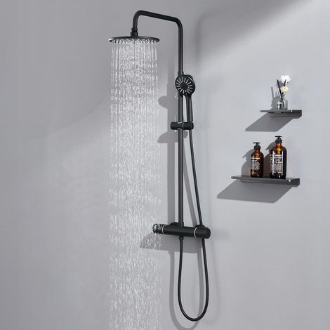 Auralum Duschsystem Thermostat Schwarz Regendusche Höhenverstellbar (1/5)