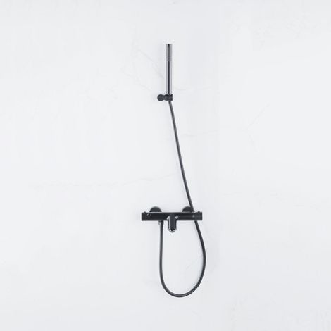 FugaFlow Eccelente Sobrado Robinet de baignoire thermostatique avec douchette stick, support et flexible en métal Noir mat (1/4)