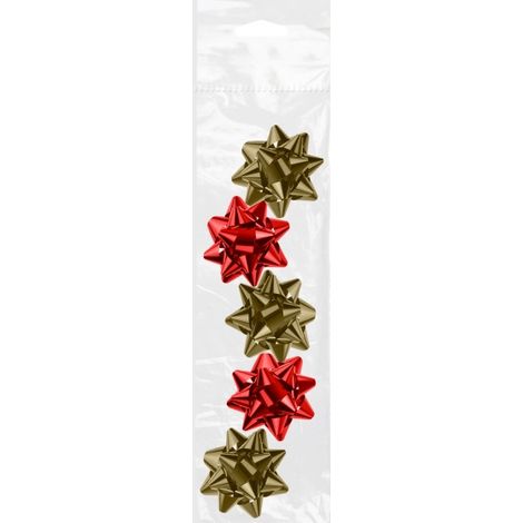 Pack de cinco estrellas con adhesivo en colores metalizados para adornar paquetes, sobres y todo tipo de envoltorios para regalo. 
Especificaciones:
M