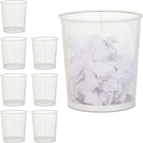 Corbeille papier, lot de 8, pour bureau & chambre ado, ouverte,ronde, fil de fer, poubelle, en métal, HxD 28x26cm,blanc