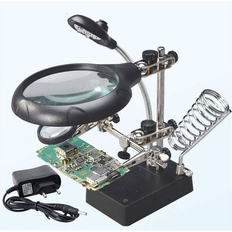 Station de soudage Third Hand avec loupe de table 5 LED, porte-objectif 2,5X/7,5X/10X et pince pour la réparation et le modélisme par soudage. (1/5)