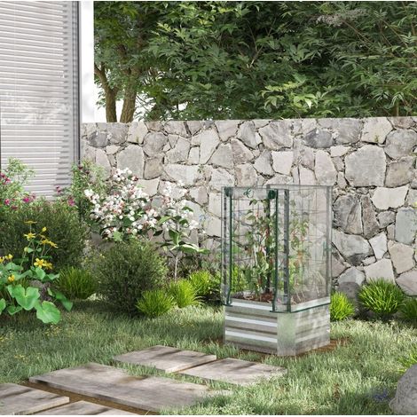 Fioriera rialzata 53x53x90 cm argento in PVC e acciaio con copertura trasparente e griglia rampicante (1/5)