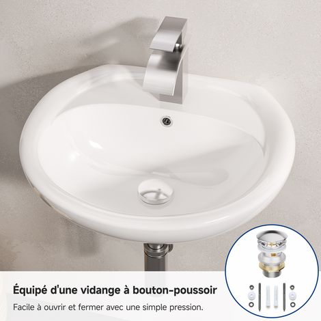 CECIPA MAX Lavabo en céramique 49 x 43,5 cm – Lavabo mural blanc demi-rond avec trop-plein – Bonde clic-clac incluse – Finition brillante, pour salle de bain et WC invités (1/5)