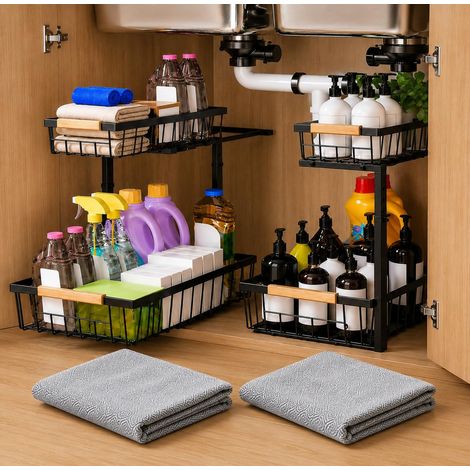 Lot de 2 organisateurs sous évier réglables (28-42 cm) avec 2 chiffons en microfibre · Étagère métallique pour cuisine et salle de bain · Design spécial pour siphon et tuyaux en U · Couleur (1/5)