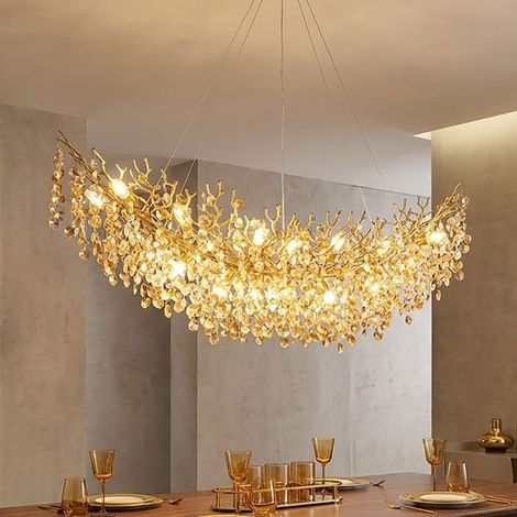 Pendelleuchte Luster Kronleuchter Hängeleuchte gold Glaskristalle amber Höhe kürzbar, 16x E14 Fassung, Länge x Breite x Höhe 150 x 45 x 120 cm (1/5)