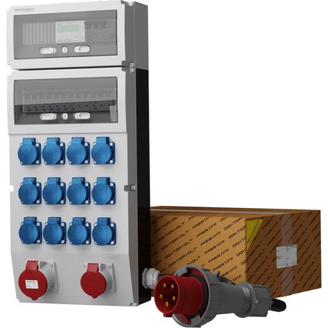 Tableau électrique de chantier avec compteur et câble eXT-S/FI SKH 32 A 16 A 12 x 230 V Schuko Mennekes Doktorvolt DV-2377-D (1/3)