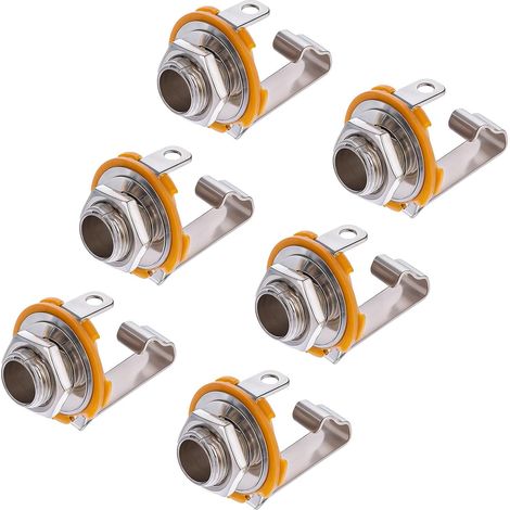 6 conectores jack de entrada para guitarra de 6,35 mm, conector estéreo mono para bajo y guitarra de dos canales estéreo. (1/5)