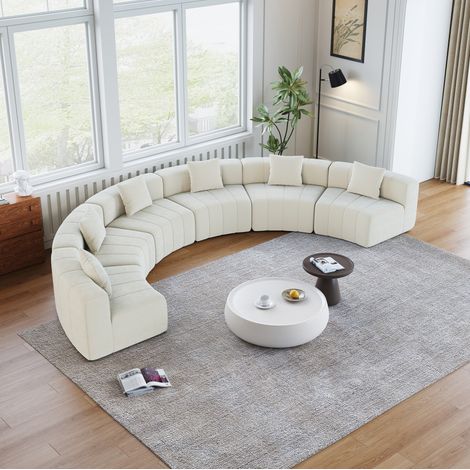 Canapé modulable incurvé en chenille beige, 6 places, avec 2 coussins, sans montage