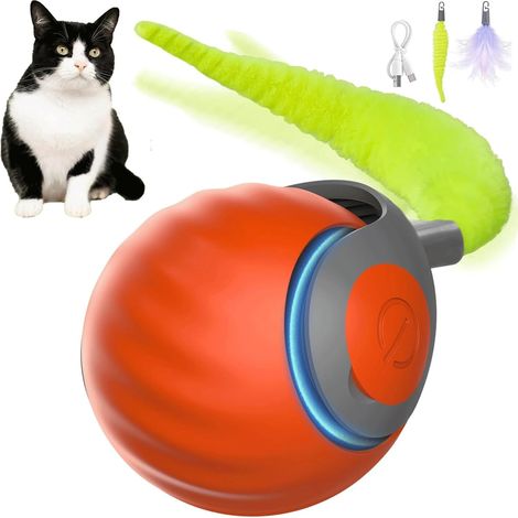 Jouet de Balle Interactif pour Chat, Jouet Interactif avec Queue Remplaçable, Balle Roulante Automatiqu pour Chats et Chiens, Deux Modes Jouet Chien Chargement Rapide USB, Orange (1/5)