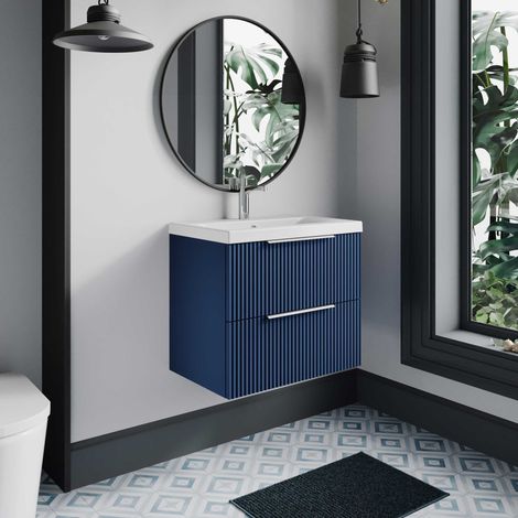 Hudson Reed Fluted Satin Blue 600mm Wall Hung 2 Drawer Vanity Unit and Mid Edge Ceramic Basin - DFF393A (1/5)