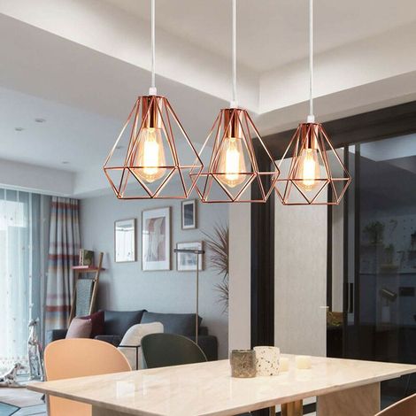 – Lustre cage diamant en métal E27 20cm – Design industriel or rose – 3 ampoules max 60W – Longueur câble 100cm réglable (1/5)