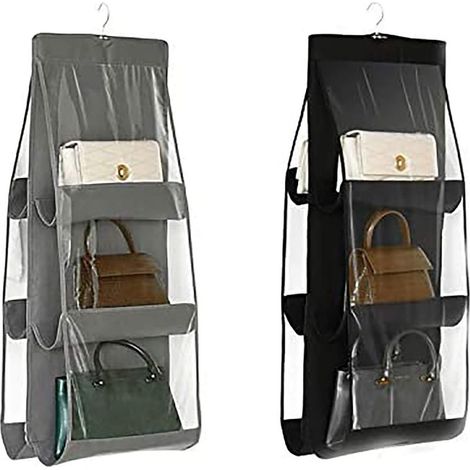 Organiseur de Sac à Main Suspendu, 2 pièces 6 Poches Anti-poussière, Sac de Rangement pour Armoire, Placard, système d’organisateurs économisant de l’Espace, Lavable (Noir+Gris) (1/5)