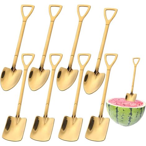 8 Pièces Cuillère à Café INOX, Cuillère Pelle, Petite Cuillère à Dessert INOX, Deux Formes de Pelles Différentes, pour Dessert, Crème Glacée, Chocolat Chaud, Boissons Chaudes(Or) (1/5)