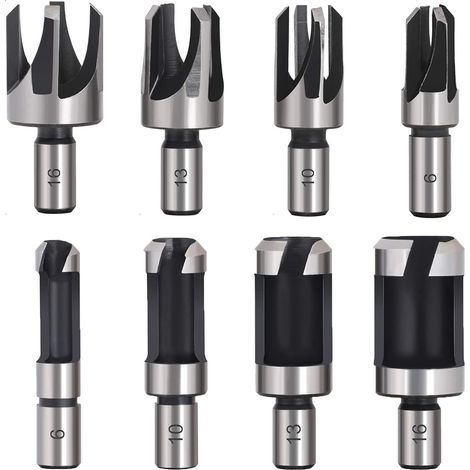 Foret à bois à tourillon, 8 pièces, HSS, foret à bois, fraise à bouchonner, outil de coupe du bois, forets à bouchonner, forets à bois, fraise à bouchonner, 6 mm/10 mm/13 mm/16 mm, petit foret à frais (1/5)