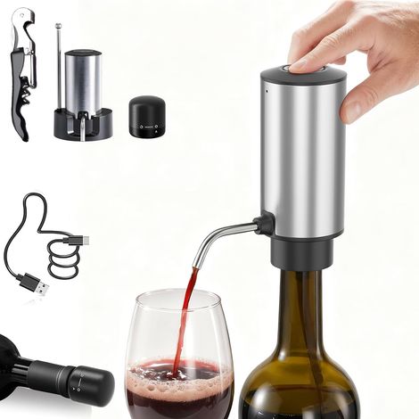 1 Aérateur, Décanteur, Tire-bouchon, Bouchon, Socle, Acier Inoxydable, USB-C, Cadeau