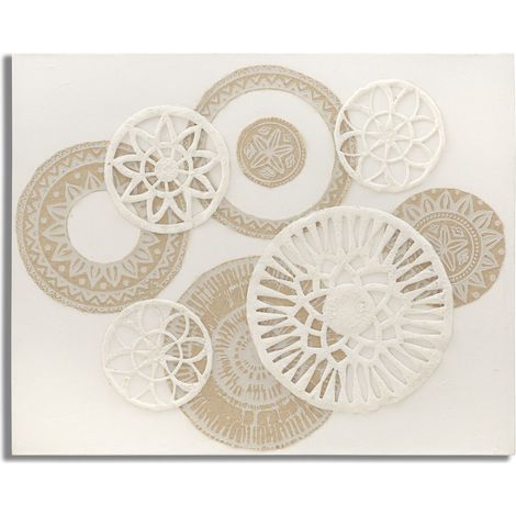 Dipinto su tela Icer con mandala bianco e beige in rilievo 80x100 cm