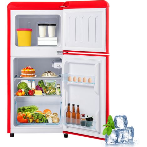 Retro Kühlschrank Rot 60L, Freistehender Mini Kühlschrank mit 22L Gefrierfach, Zweitüriger Getränkekühlschrank, 88cm Hoch, 7 Stufen, Energieklasse E