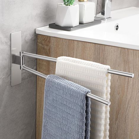 Porte Serviette Pivotant à 180° Salle De Bain sans Percage, Adhesif Double Porte Serviette Acier Inoxydable Mural, Porte Serviettes pour Cuisine, Argent Brossé (1/5)
