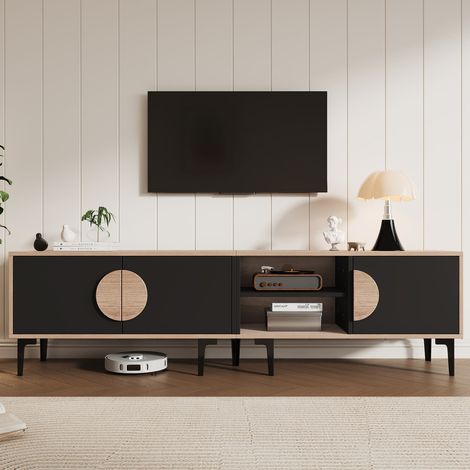 Meuble tv 180x35x49 cm salon 2 portes étagères ouvertes bois noir compatible tv 80 pouces (1/5)