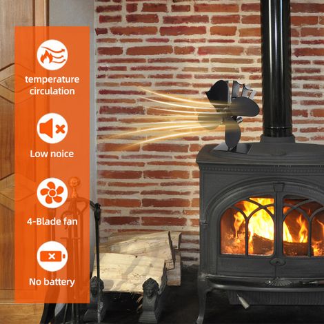 Ventilateur de poêle à 4 pales à combustion thermique, non électrique, silencieux, pour poêle à bois/à granulés/à bûches, noir. (1/5)