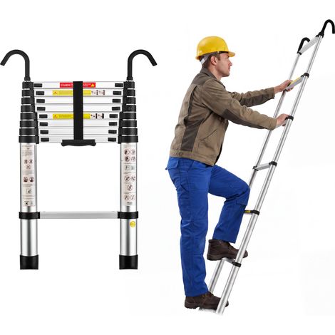 STANEW Aluminium Échelle Télescopique 2.6M Pliable, avec Mains Courantes Amovibles, Éxtensible Échelle Droite Simple, Multifonctionnelle, Charge max 150 kg