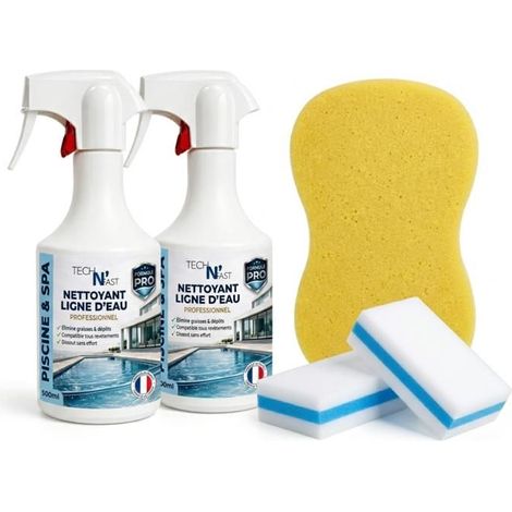 Kit Nettoyant Ligne d'Eau Piscine et Spa – 2 x 500 ml + Éponges de Nettoyage – Compatible Liner, Coque et Carrelage (1/4)