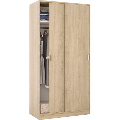 Pegane – Armoire penderie 2 portes coulissantes décor chêne canadien – Dimensions L 100 cm x H 200 cm x P 50 cm – Structure panneaux de particules 15mm