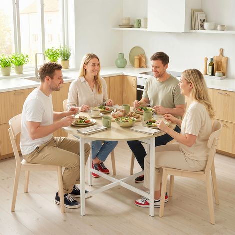 Klappbarer Esstisch, 80 cm Runder Klapptisch mit Stahlrahmen, Platz für 2-4 Personen, Naturholz-Optik