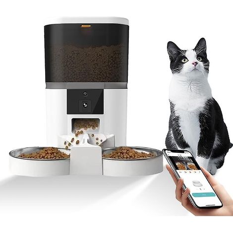 Distributeur automatique de croquettes pour animaux avec caméra, double alimentation, contrôle par application, pour chats et chiens - Blanc (1/4)