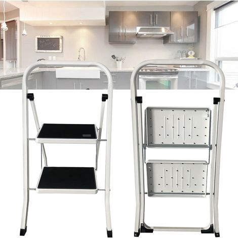 2 Step Ladder Heavy Duty Steel, Mini Small And Compact Folding Steps 2 Large Steps With Safety Anti-Slip Mat Tread, 150 KG Capacity (1/5)