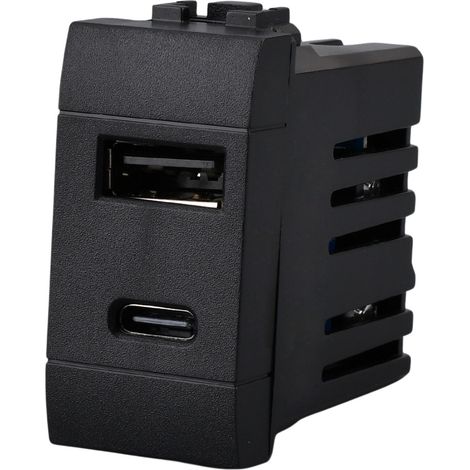 Serie Civile A2ZWORLD MBL Nero Compatibile Con Bticino Living International (Presa USB A QC + USB C PD)