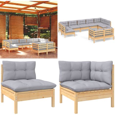 Salon de jardin 9 pcs avec coussins gris bois de pin solide - salon de jardin - salons de jardin - Home & Living (1/5)