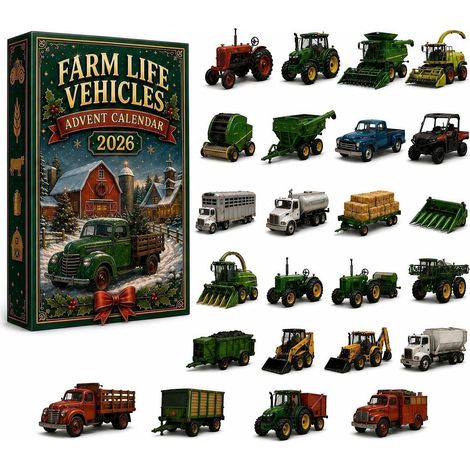 Calendrier de l'Avent 2026 sur le thème des véhicules agricoles en 3D, avec véhicules agricoles en acrylique. Compte à rebours de 24 jours avant Noël.