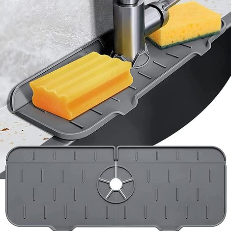 Tapis de Robinet en Silicone pour Évier de Cuisine Pare-Éclaboussures Plateau Anti Goutte pour Robinet Bac de Capture de Poignée Protection Contre Les Éclaboussures D'évier (Gris)