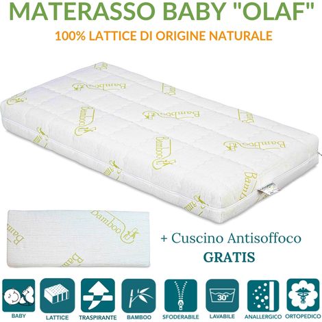 EVERGREENWEB - Materassino 60x125 per Bambini 100% Lattice con Cuscino ANTISOFFOCO Gratis per Lettino o Culla Alto 12 cm, Rivestimento Sfoderabile Anallergico in Fibra di Bamboo Lavabile in Lavatrice (1/5)