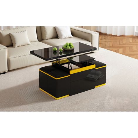 Table basse noire 100 x 50 cm à hauteur réglable avec plateau rabattable, rangement et 4 poufs pour salon, salle à manger et bureau (1/5)