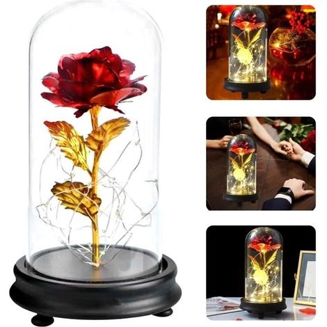Rose éternelle sous cloche - LECOO - Plaqué or 24K - Rouge - Objet décoratif