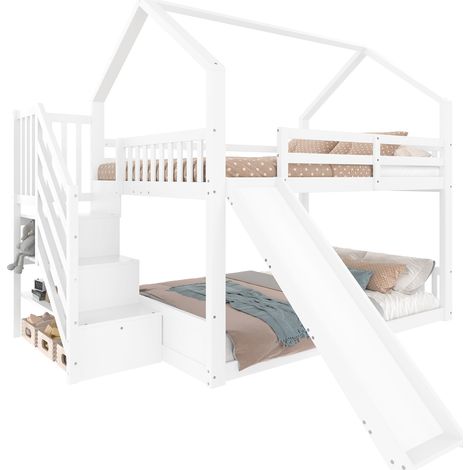 Lit superposé cabane en pin et MDF blanc 140x200 cm avec escalier de rangement, toboggan et barrières (1/5)