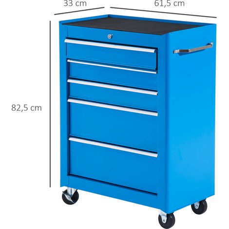 HOMCOM Carro de Herramientas para Taller con Ruedas 5 Cajones Armario con Cierre y Asa Lateral 61,5x33x82,5 cm Azul (1/5)