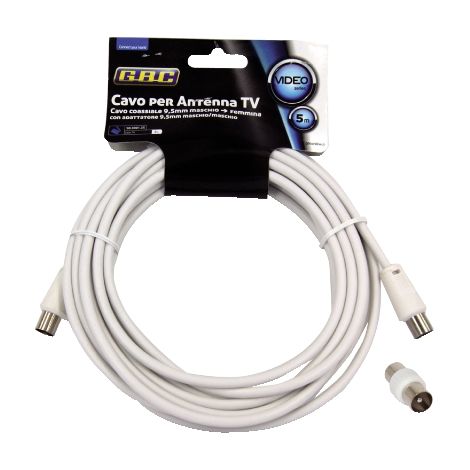 Cavo antenna tv spina/presa bianco 5m + adattatore spina/spina