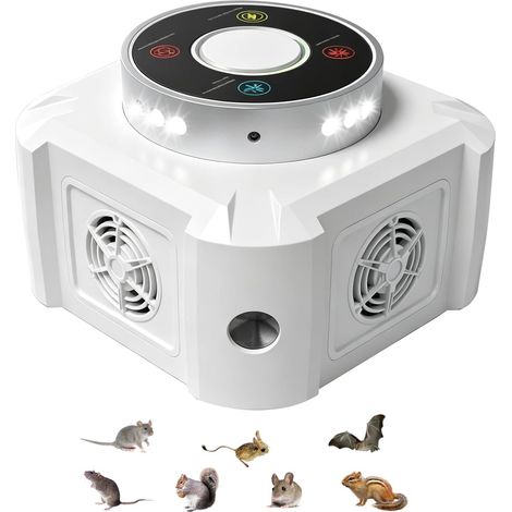 Professionnel Ultrason Souris et Rats à Large Portée Appareil Ultrason pour Nuisible Repulsif Souris Anti Souris Rat avec Lumière 12 LED, Intérieur Exterieur Répulsif Souris Ultrason 360° Blanc (1/5)