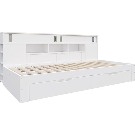 Lit enfant multifonctionnel 140 x 190 cm avec tiroirs et rangements en MDF blanc (1/5)