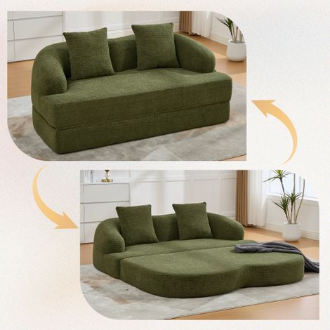 Canapé convertible 2 en 1 pour deux personnes, avec deux coussins, canapé-lit double dépliable, canapé polyvalent pour chambre d'amis et salon (chenille verte) (1/5)