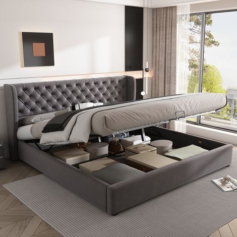 DESVIAE Lit coffre rembourré Chesterfield en velours avec tête de lit à oreilles capitonnée 160 x 200 cm sommier à lattes et rangement hydraulique gris (1/5)