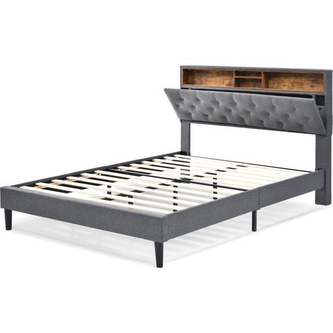 Lit double gris 140x200 cm, tête de lit de rangement avec éclairage LED, sommier à lattes (sans matelas) (1/5)